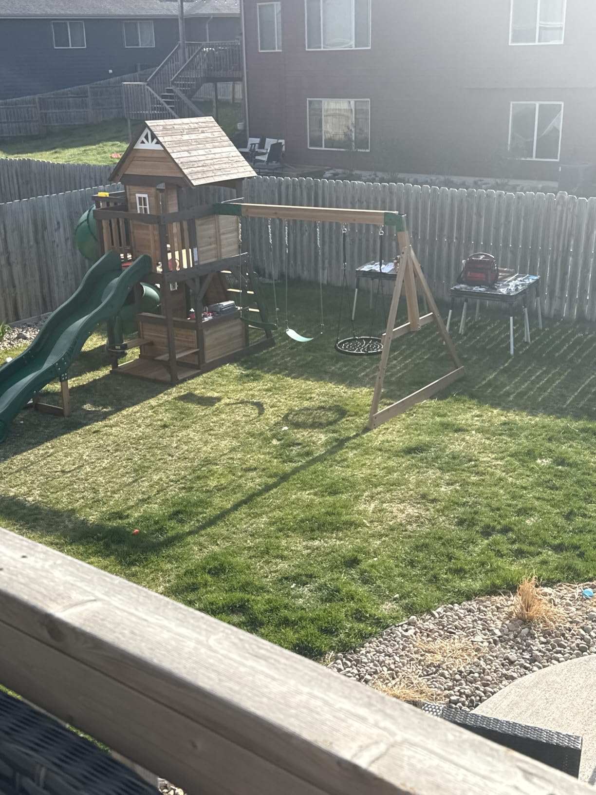 Cedar Cove Cedar Wood Swing Set with Spiral Tube Slide, Wave Slide, Clubhouse, Toy Grill, Snack Bar, Rock Wall, Belt Swings, Web Swing, Balcony, Chalkboard, Ladder, Outdoor Playset customer photo 1