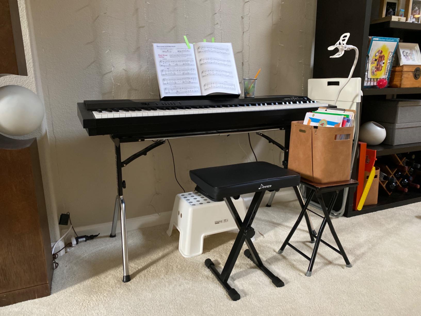 Donner Piano Bench, Adjustable Keyboard Bench Portable Stool Collapsible Chair Foldable Seat X-Style, 2.4 Inch Thickness High-Density Sponge Padded, Non-Skid Design, Black customer photo 1