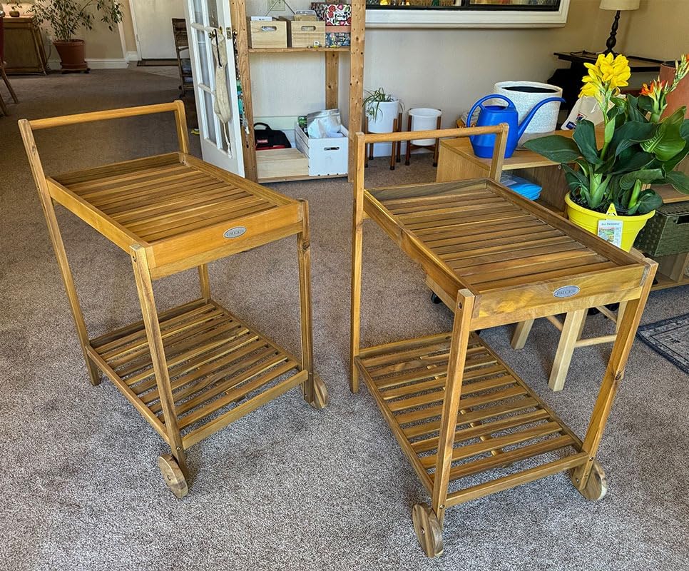 Tangkula Wood Bar Cart, Outdoor Indoor 2 Tier Rolling Serving Cart with Wine Bottle Holders and 2 Rubber Wheels, Bar Table Beverage Drink Cart for Kitchen, Patio, Garden and Poolside, Natural customer photo 2