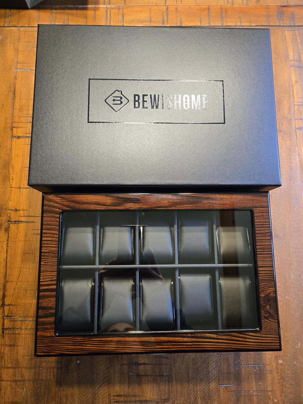 BEWISHOME High-End Watch Box 20-Slot Wooden Watch Case with Large Glass Lid | 2-Layer Watch Cases for Men, Watch Storage, Watch Organizer, Synthetic Leather Interior, Brown customer photo 2