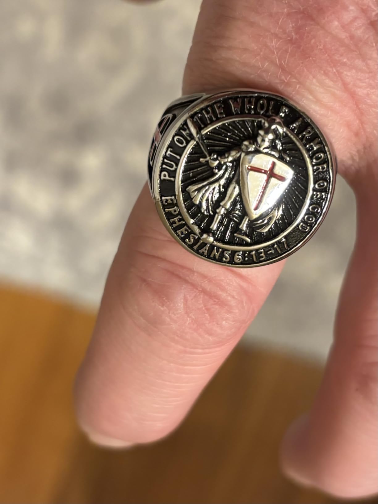HZMAN Knights Templar Stainless Steel Rings for Men | Waterproof Hypoallergenic, Size 7-14, Ephesians 6:13-17, Red Cross Signet customer photo 2
