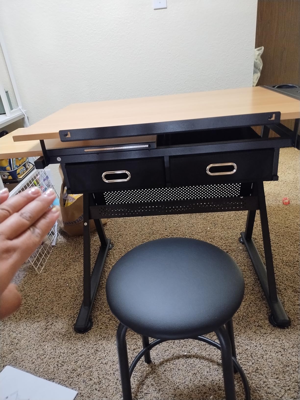 Yaheetech Adjustable Drafting Table Art Desk, Storage Drawers & Stool, Black | MDF tabletop tilts 0-60 degrees on a metal frame for drawing, crafts, and homework, with two supply drawers and a matching stool. customer photo 2