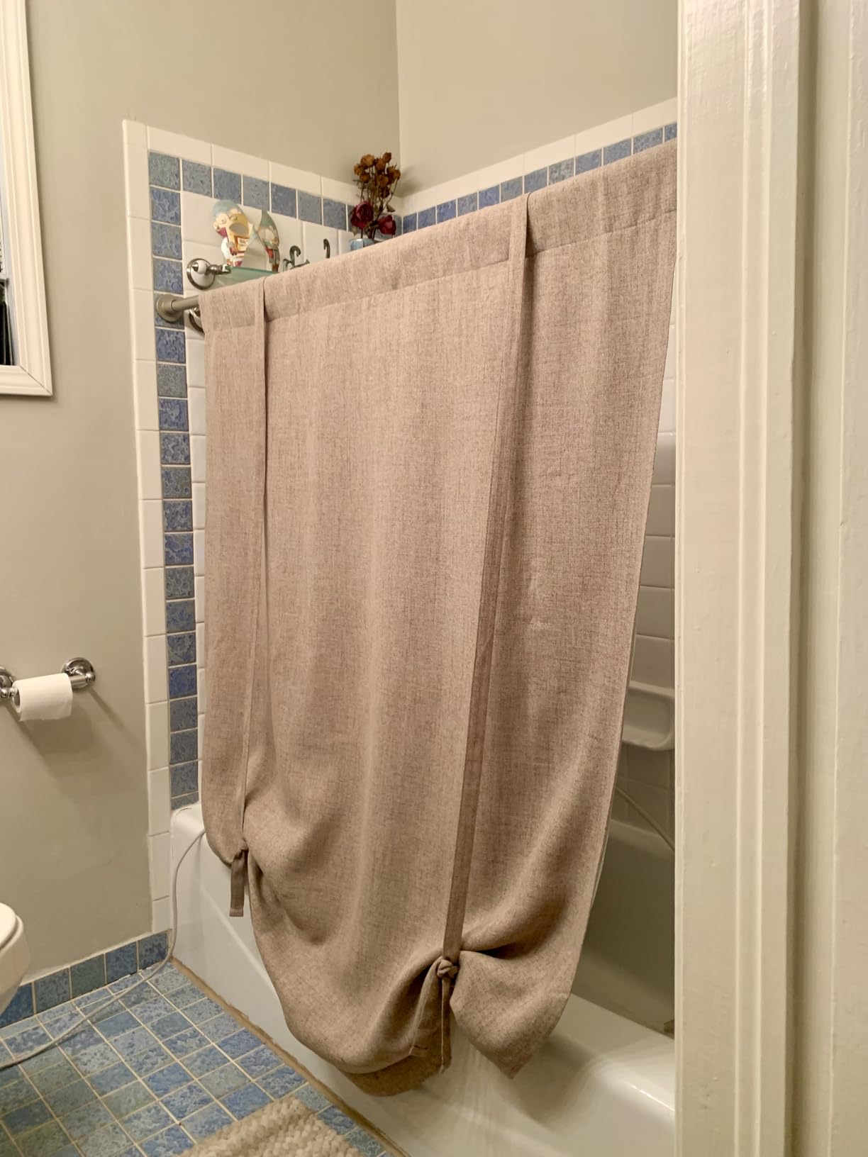 DriftAway Double Layer Linen Blackout Tie Up Curtains Thermal Insulated Fully Lined Balloon Roman Shade Bathroom Window Adjustable Rod Pocket for Small Window 39 Inch by 55 Inch Beige customer photo 1