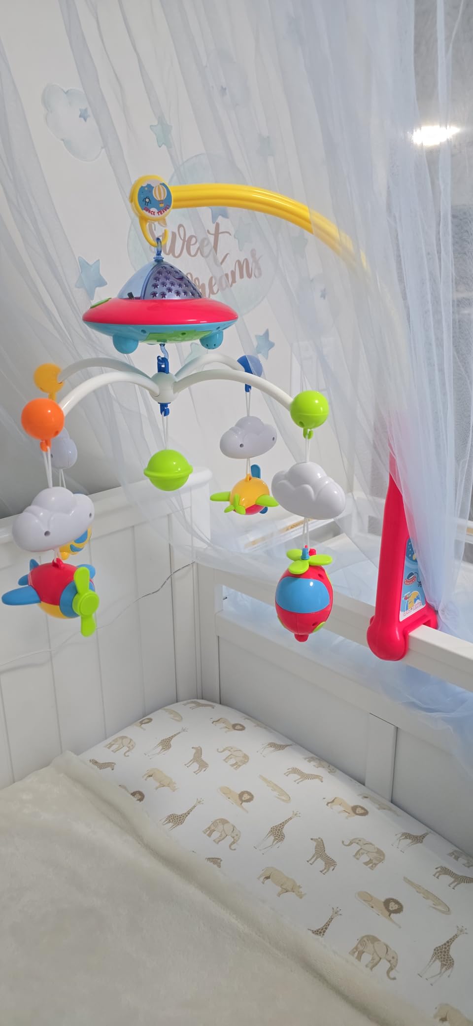 Elf Lab Baby Musical Crib Mobile with Remote Control and Light Projector | Fits 0.47-1.49in Rails, 4 Removable Hanging Rotating Toys, Projector with 3 Colors, 108 Melodies, Gift for Babies 0-24 Months customer photo 1