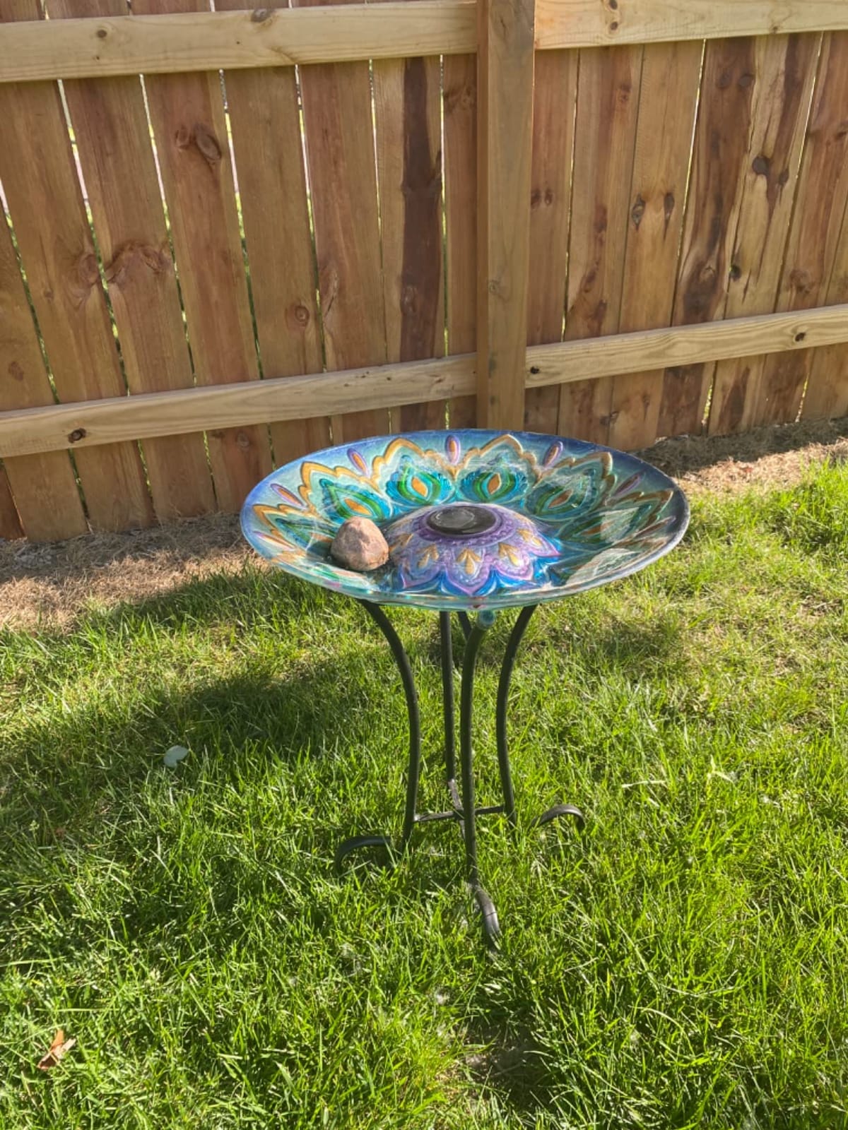Glass Bird Bath Outdoor with Metal Stand Solar BirdBath Feeder Garden Decor | 18