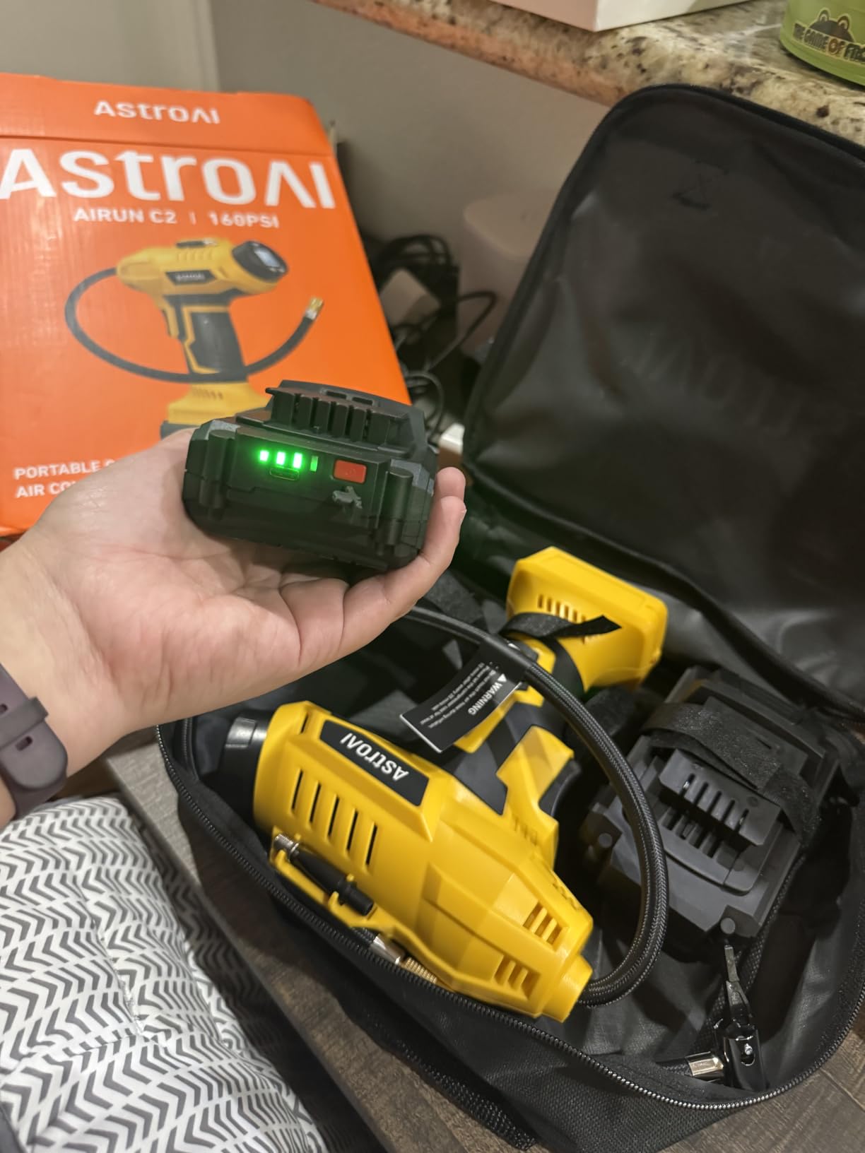 AstroAI Cordless Tire Inflator Portable Air Compressor 160PSI 12VDC Battery | Dual Power Supply Auto Shut-Off Digital Pressure Gauge Fast Inflation Air Pump for Cars Motorcycles Bikes Ball, Yellow customer photo 1