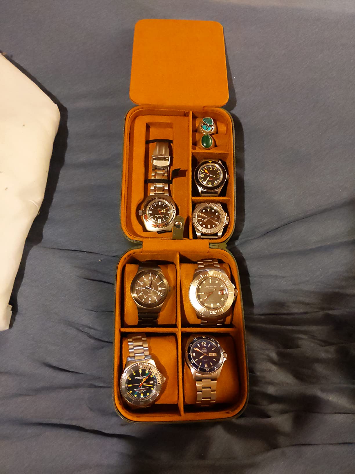 ROTHWELL 5 Watch Travel Case Storage Organizer for 5 Watches | Tough Portable Protection w/Zipper Fits All Wristwatches & Smart Watches Up to 50mm (Green/Tan) customer photo 2