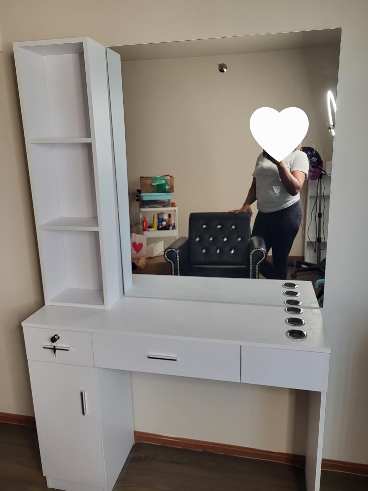 OmySalon Barber Station with Mirror, Hair Salon Station for Hair Stylist, Wall Mount Salon Beauty Spa Equipment with 3 Hair Dryer Holders & Open Shelves, 2 Drawers, 1 Storage Cabinet, Black customer photo 1