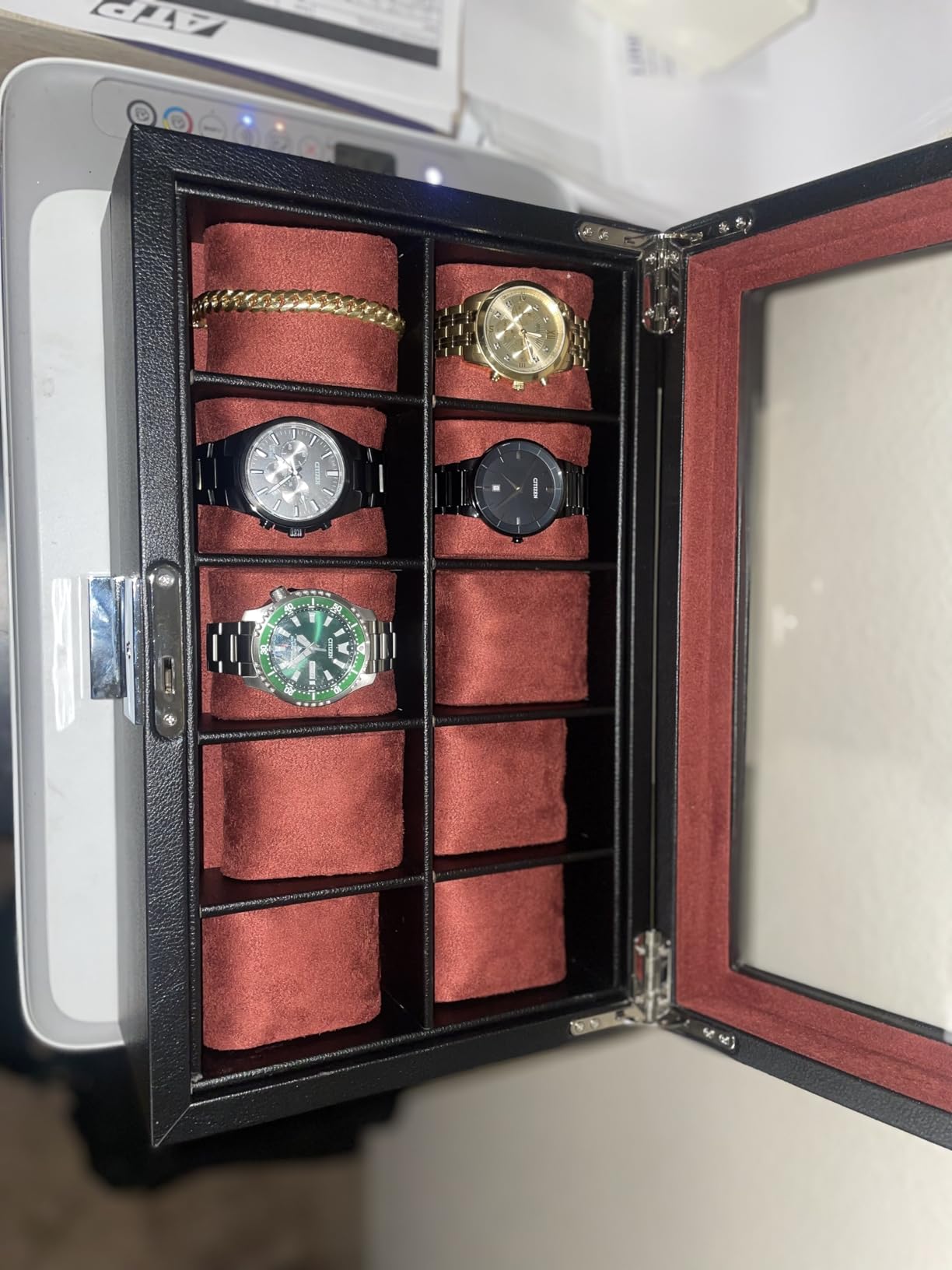 ROTHWELL 10-Slot Watch Box in Leather with Valet Drawer, Luxury Watch Case Display Organizer with Ultra Soft Microsuede Liner, Jewelry and Sunglass Holder With Large Glass top (Blue/Tan) customer photo 1
