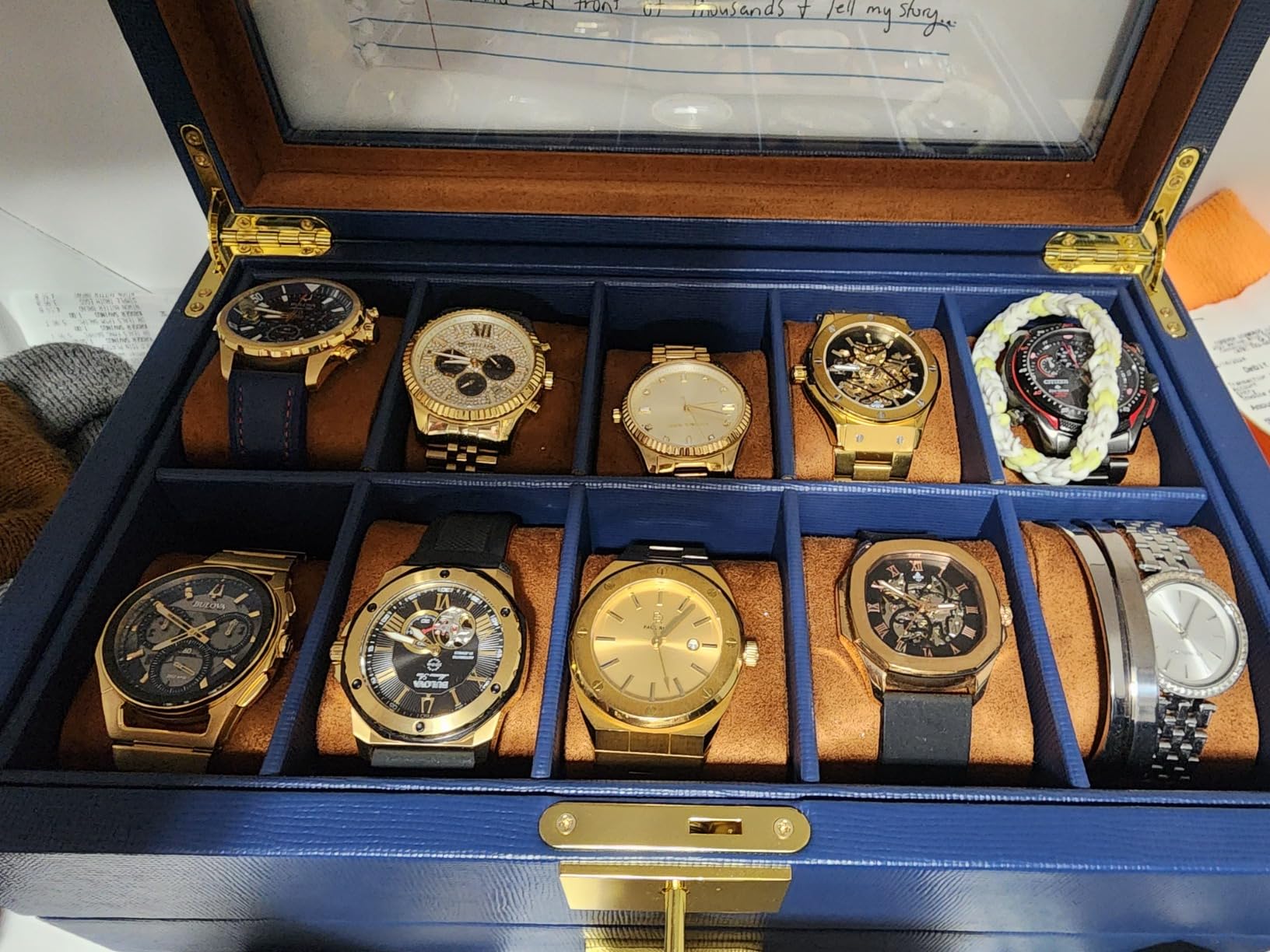 ROTHWELL 10-Slot Watch Box in Leather with Valet Drawer, Luxury Watch Case Display Organizer with Ultra Soft Microsuede Liner, Jewelry and Sunglass Holder With Large Glass top (Blue/Tan) customer photo 2