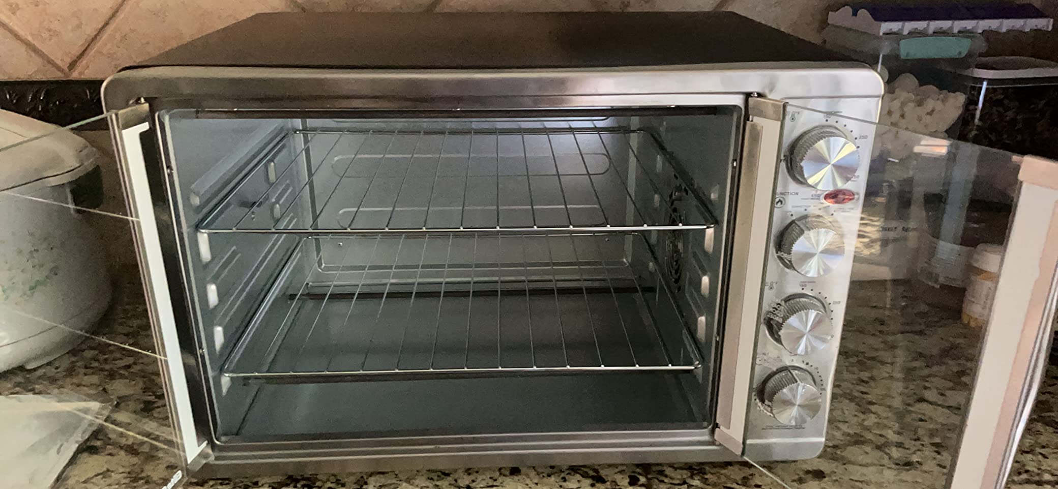 Elite Gourmet ETO4510MX French Door Convection Oven 47.5Qt, Stainless Steel | 18-Slice capacity, 4-Control Knobs for Bake/Broil/Toast/Rotisserie/Keep Warm, includes 2 x 14