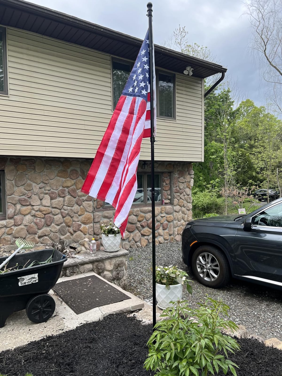 Flag Pole Kit for Outside House in Ground - 8FT Black Metal Outdoor House Yard Garden Flag Pole with 2 Pronges Base - Stainless Steel 3x5FT American Flag with Pole Residential Commercial customer photo 1