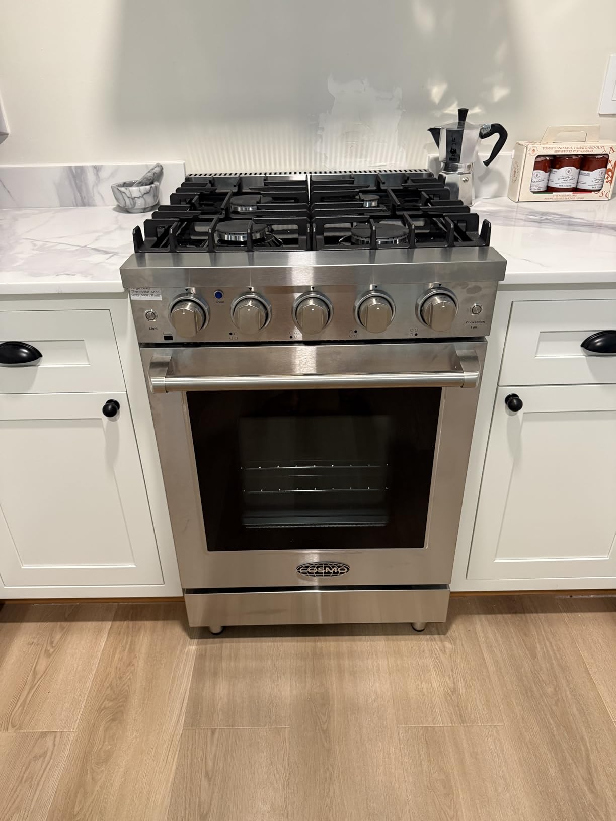 24 in. Haven Coll 3.7 cu ft 4 Burner Gas Range, Convection, Stainless Steel | Cosmo COS-EPGR244 Oven Fan Circulation, Cast Iron Grates, Mirror Finished Knobs, Black Porcelain Cooktop, LP Convertible customer photo 1