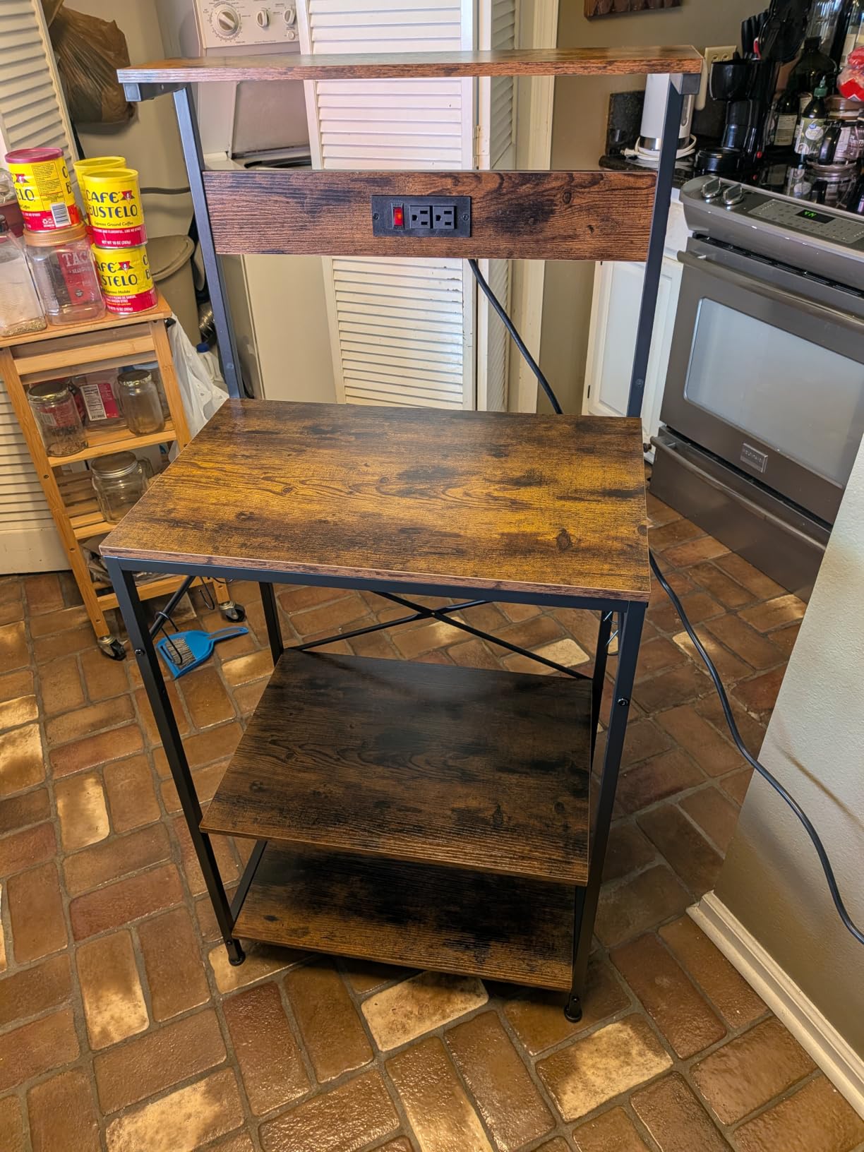 SUPERJARE Kitchen Bakers Rack with Power Outlet, Coffee Bar Table 4 Tiers, Kitchen Microwave Stand with 6 S-shaped Hooks, Storage Shelf Rack for Spices, Pots and Pans - Rustic Brown customer photo 1