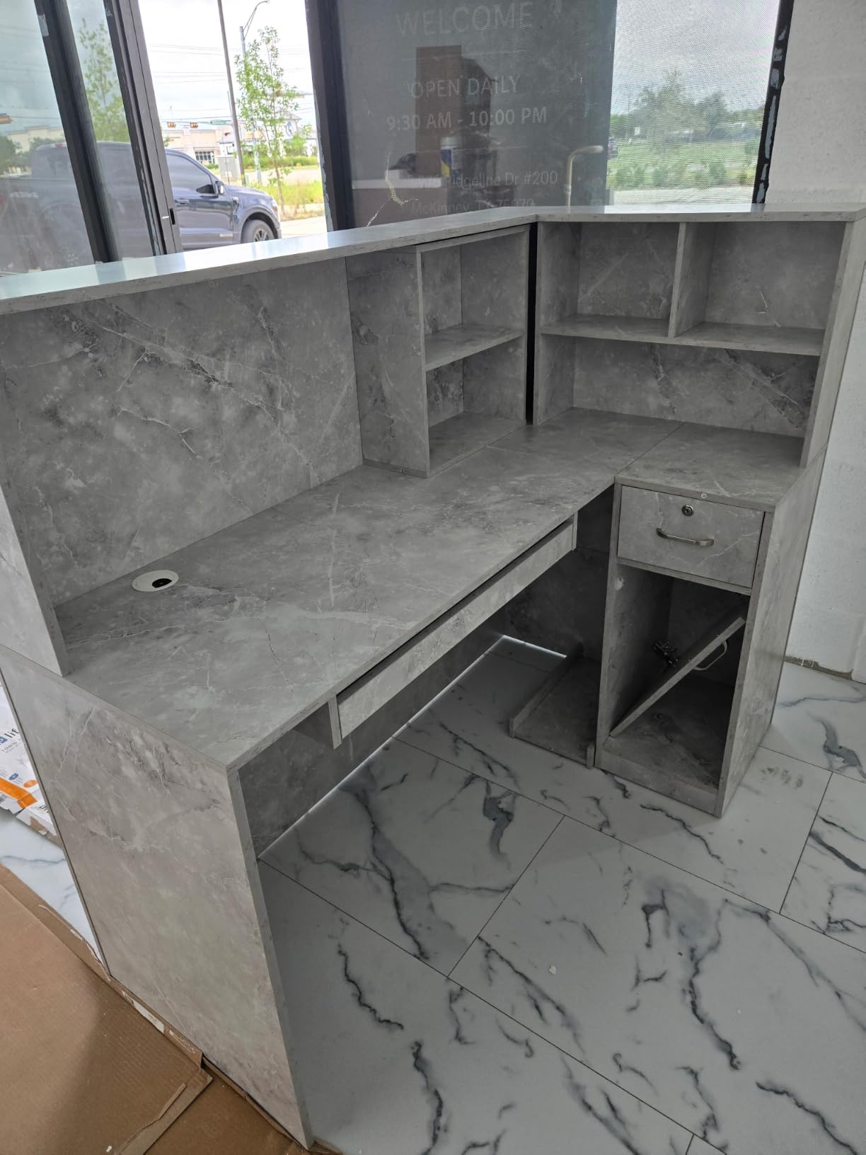 AIEGLE Reception Desk with Counter Drawers & Storage Shelves, L-Shaped Reception Counter Table for Salon Reception Room Checkout Office, White customer photo 2