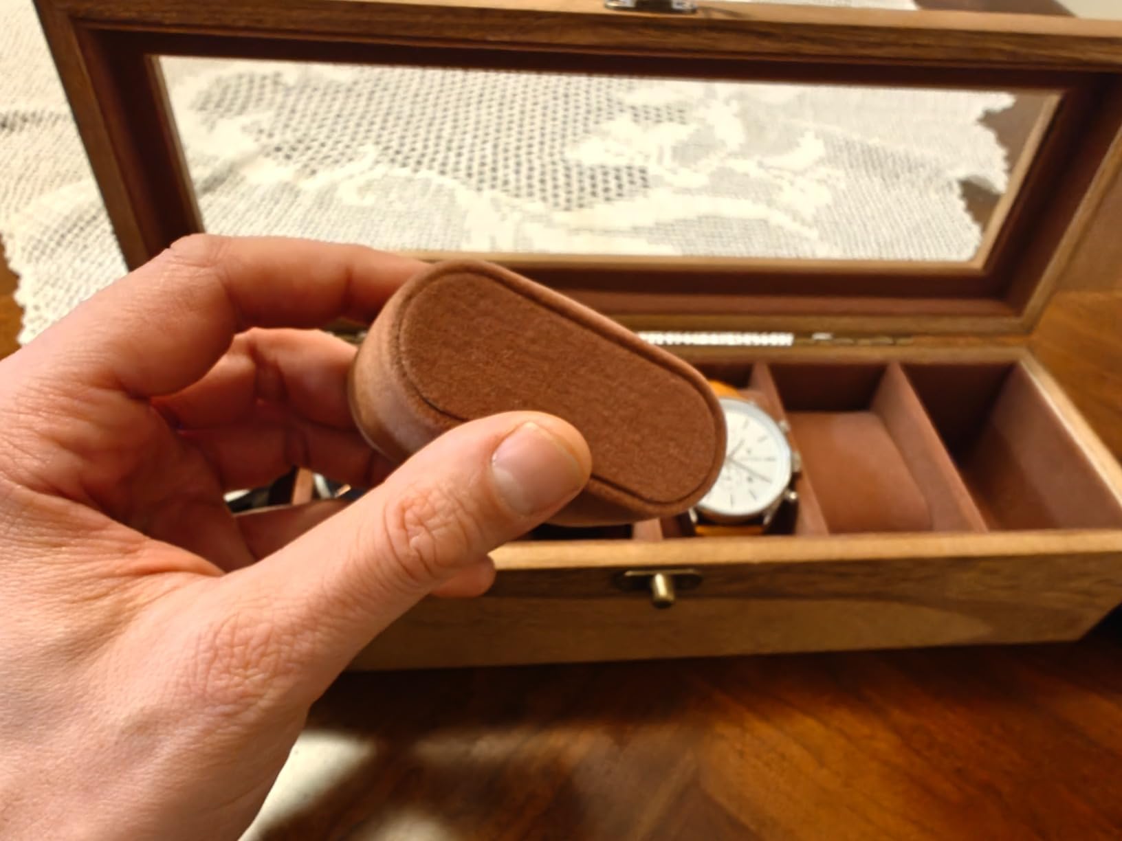 Watch Box, Watch Case for Men Women with Large Glass Lid, Wooden Watch Display Storage Box with 6 - Slots, Classic Walnut Mens Watch Box Organizer customer photo 1