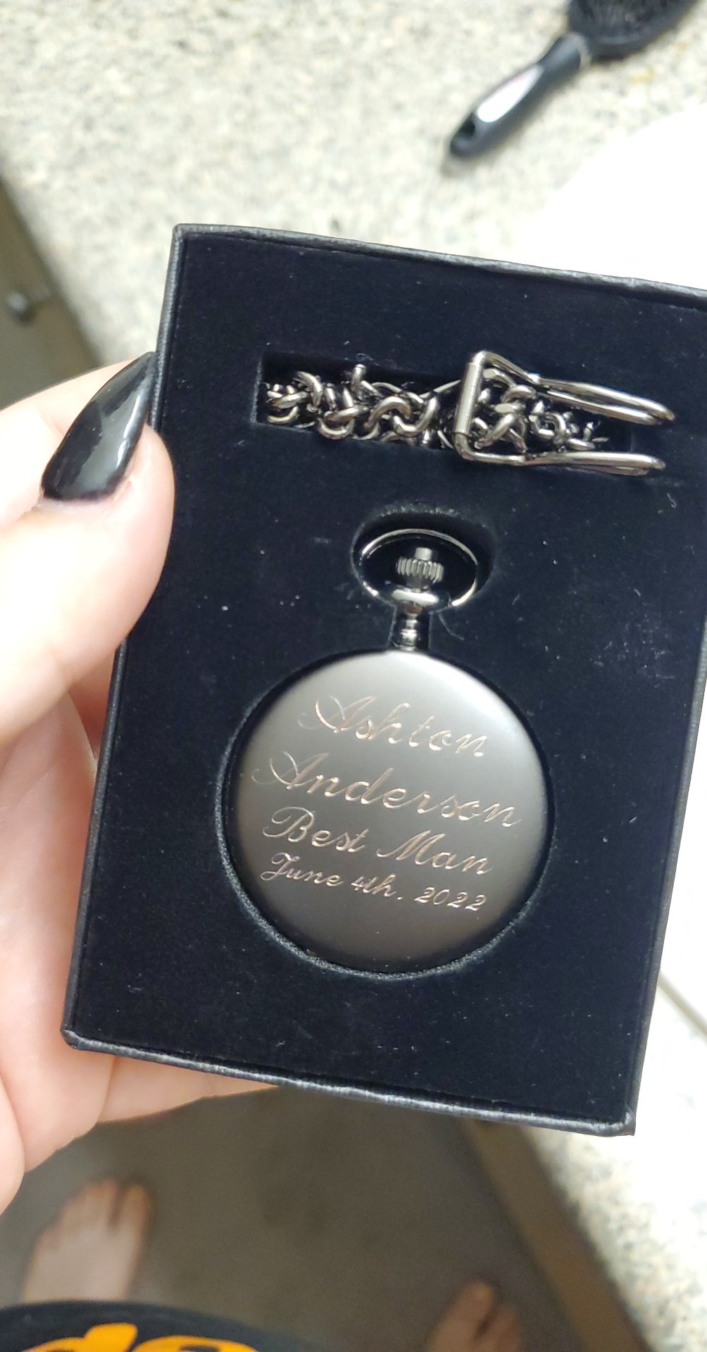 Personalized Gunmetal Gray, Black or Silver Quartz Pocket Watch with Chain - Groomsmen Wedding Party - Engraved customer photo 1