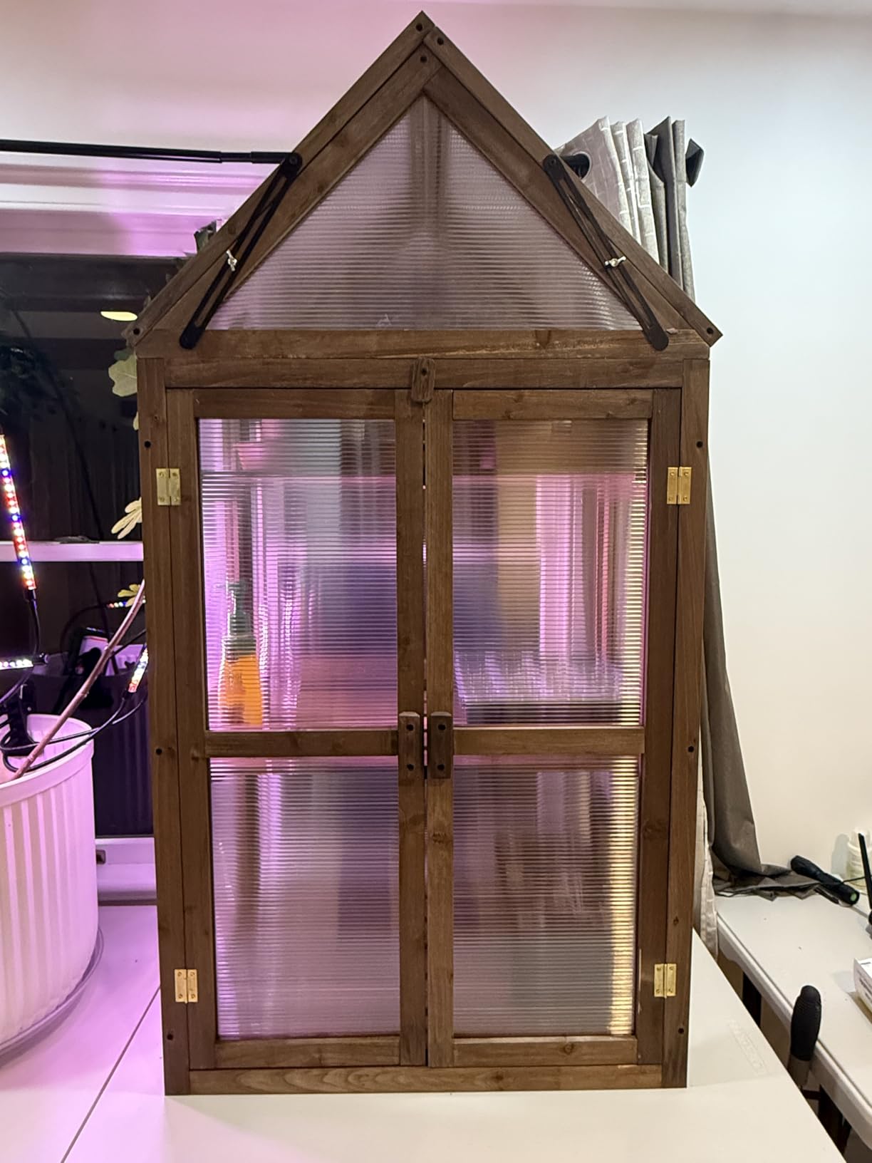 Happygrill Cold Frame, Mini Wooden Green House w/Transparent Openable Roof | Raised Flower Planter Shelf w/ 3 Adjustable Shelves & Polycarbonate Panels, Small Wood Greenhouse Cabinet for Indoor Outdoors customer photo 1