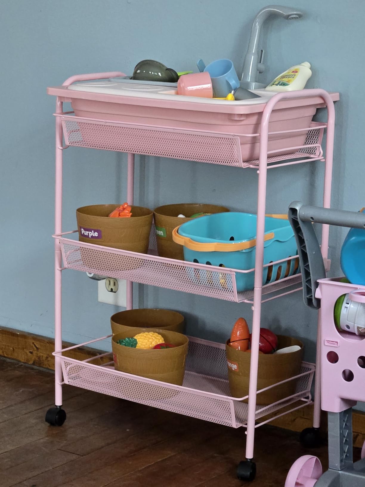 TOOLF 3 Tier Rolling Cart, Metal Utility Storage Cart with Wheels, Pink | 3 Hooks, Screwless Assembly, Trolley Organizer for Bathroom, Kitchen, Office, Nursery, Dorm, Laundry Room customer photo 2