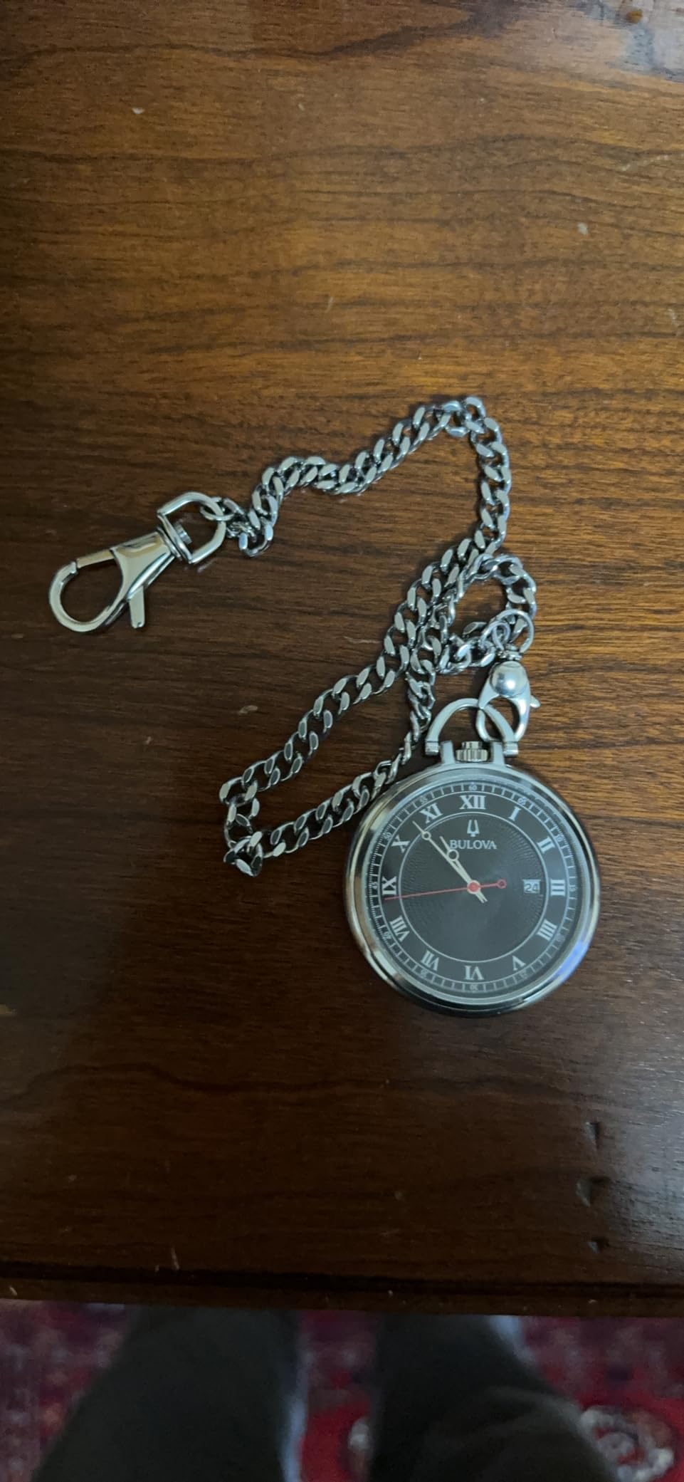 Classic Pocket Watch 3-Hand Date Quartz Stainless Steel, Black Dial with Detachable Chain Style: 96B308 customer photo 2