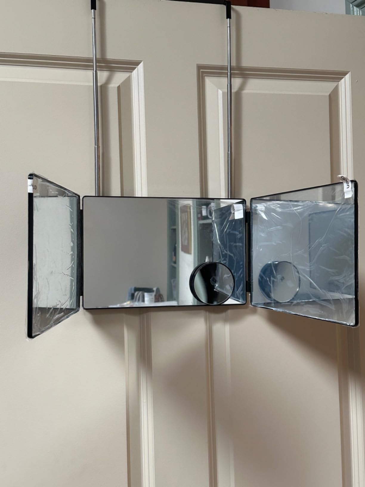 HIEEY 3 Way Mirror for Hair Cutting, 360 Trifold Mirror with Height Adjustable Telescoping Hooks, and 5X Magnification, for Makeup, Hair Styling customer photo 2