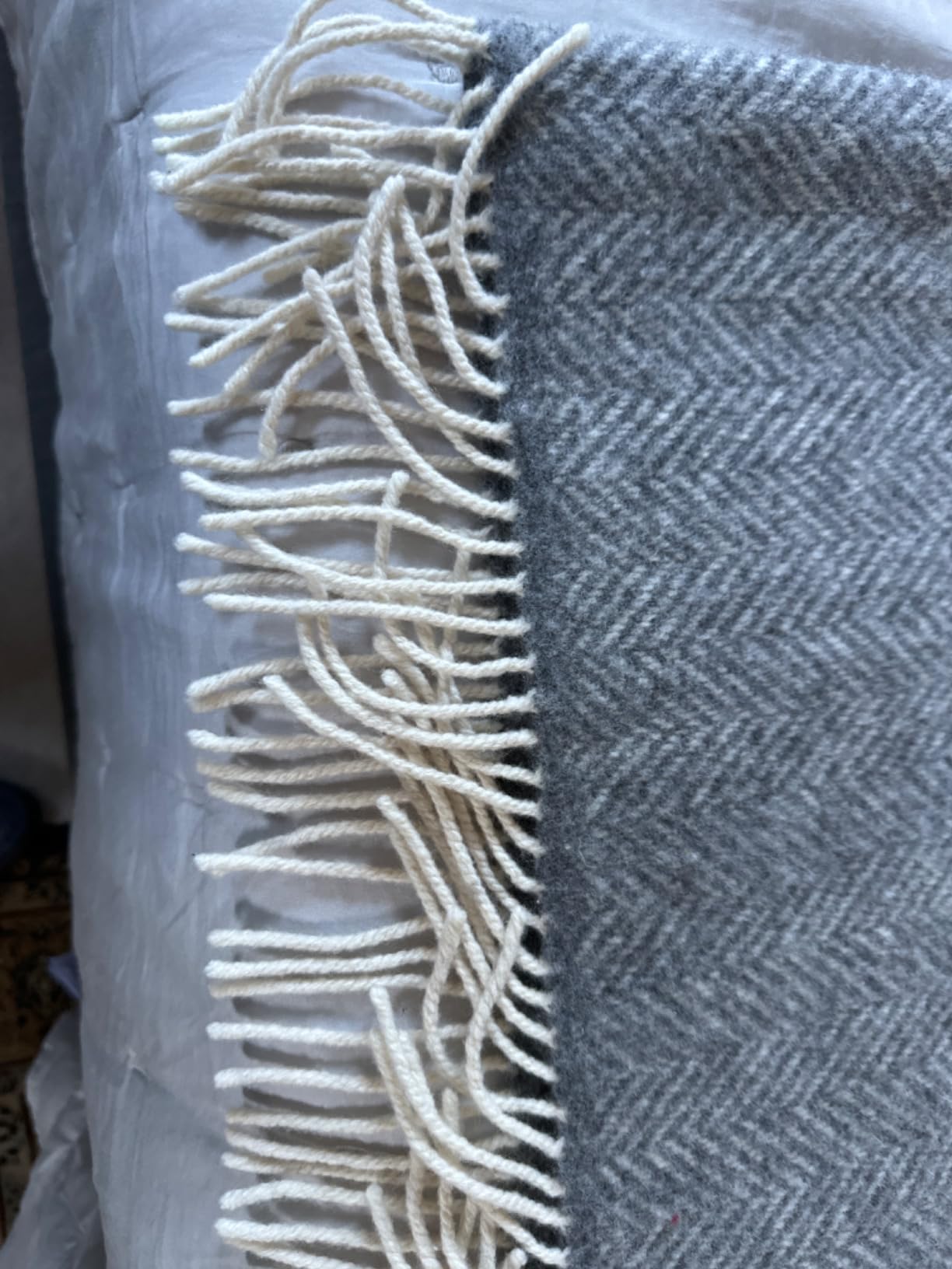 Biddy Murphy Merino & Cashmere Wool Throw Blanket, 54x71in, Pale Grey | Herringbone, Made in Ireland, Heirloom Quality Weave, Luxuriously Soft Feel customer photo 1