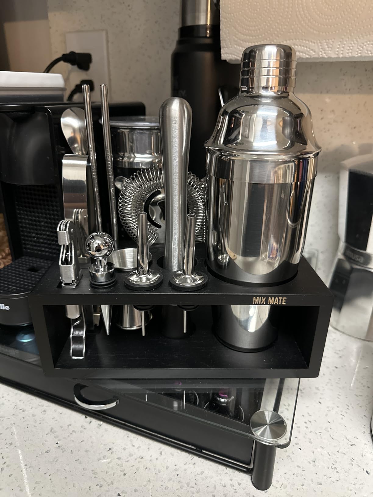 Black Stainless Steel Cocktail Shaker Set with Wood Stand - 15 Piece Bartender Kit with Drink Shaker, Bar Spoon, Jigger, Muddler, Strainer, Bottle Opener, Stopper, Pour Spout, Stirrers, Tongs, Recipes customer photo 2