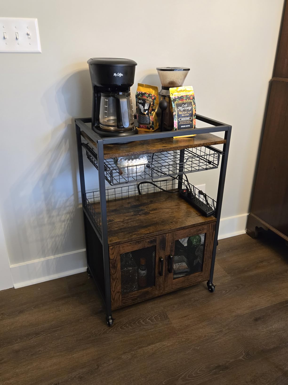 Hencawima Coffee Bar Cabinet, 3 Tier Coffee Station Table on Wheels, 35.9
