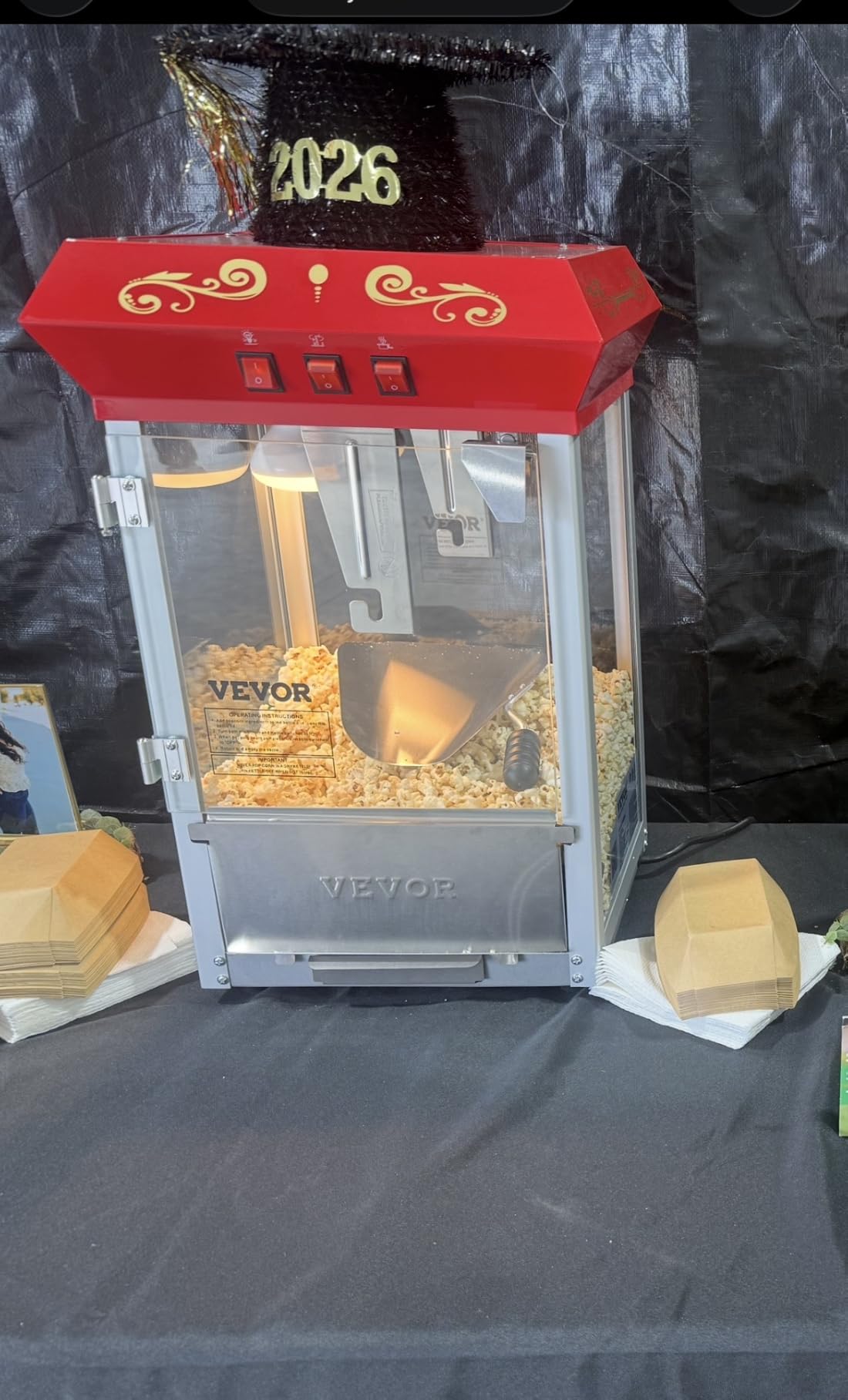 VEVOR Commercial Popcorn Machine, 8 Oz Kettle, 850 W Countertop Popcorn Maker for 48 Cups per Batch, Theater Style Popper with 3-Switch Control Steel Frame Tempered Glass Doors 2 Scoops 2 Spoons, Red customer photo 1