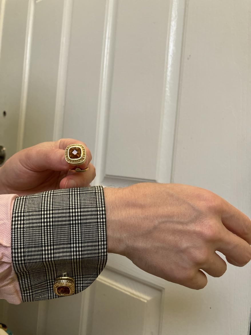 14K Gold Plated Brown Gem Stone Cufflinks for Men with Gift Case | Handmade Square Wedding Mens Crystal Cuff Links for French Shirt Party Formal Casual Anniversary Dress, Easy to Put On customer photo 2