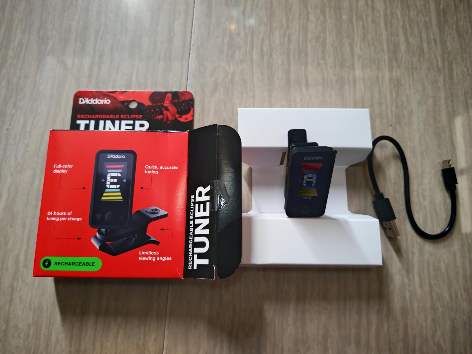 D'Addario Eclipse Rechargeable Headstock Clip-On Guitar Tuner, Black | Rechargeable Eclipse clip-on tuner provides accurate tuning, USB charging, clear visibility, and reliable performance. customer photo 1