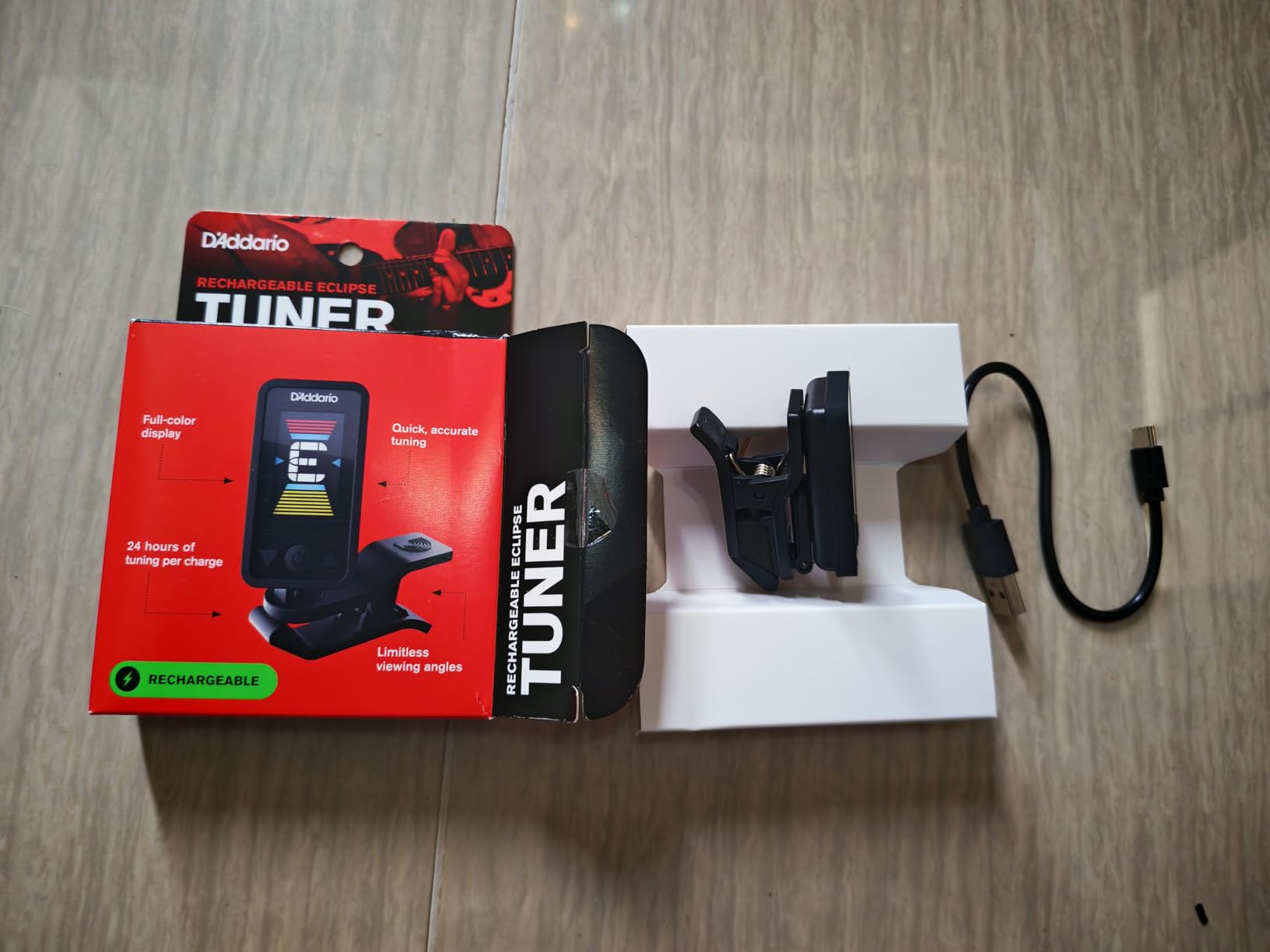 D'Addario Eclipse Rechargeable Headstock Clip-On Guitar Tuner, Black | Rechargeable Eclipse clip-on tuner provides accurate tuning, USB charging, clear visibility, and reliable performance. customer photo 2