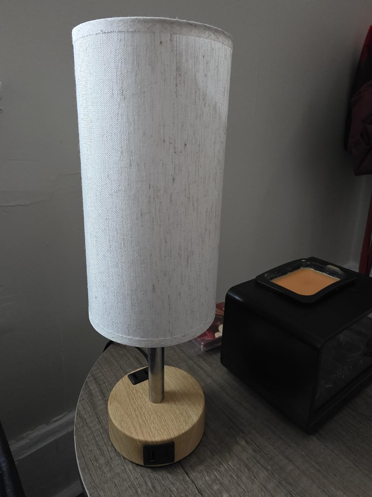 Fenmzee Bedside Table Lamp for Bedroom - Dimmable Touch, USB A+C, AC Outlet, 3-Way Dimmable, LED Bulb Included, Fabric Lampshade, Wood-Grain Metal Base, 14