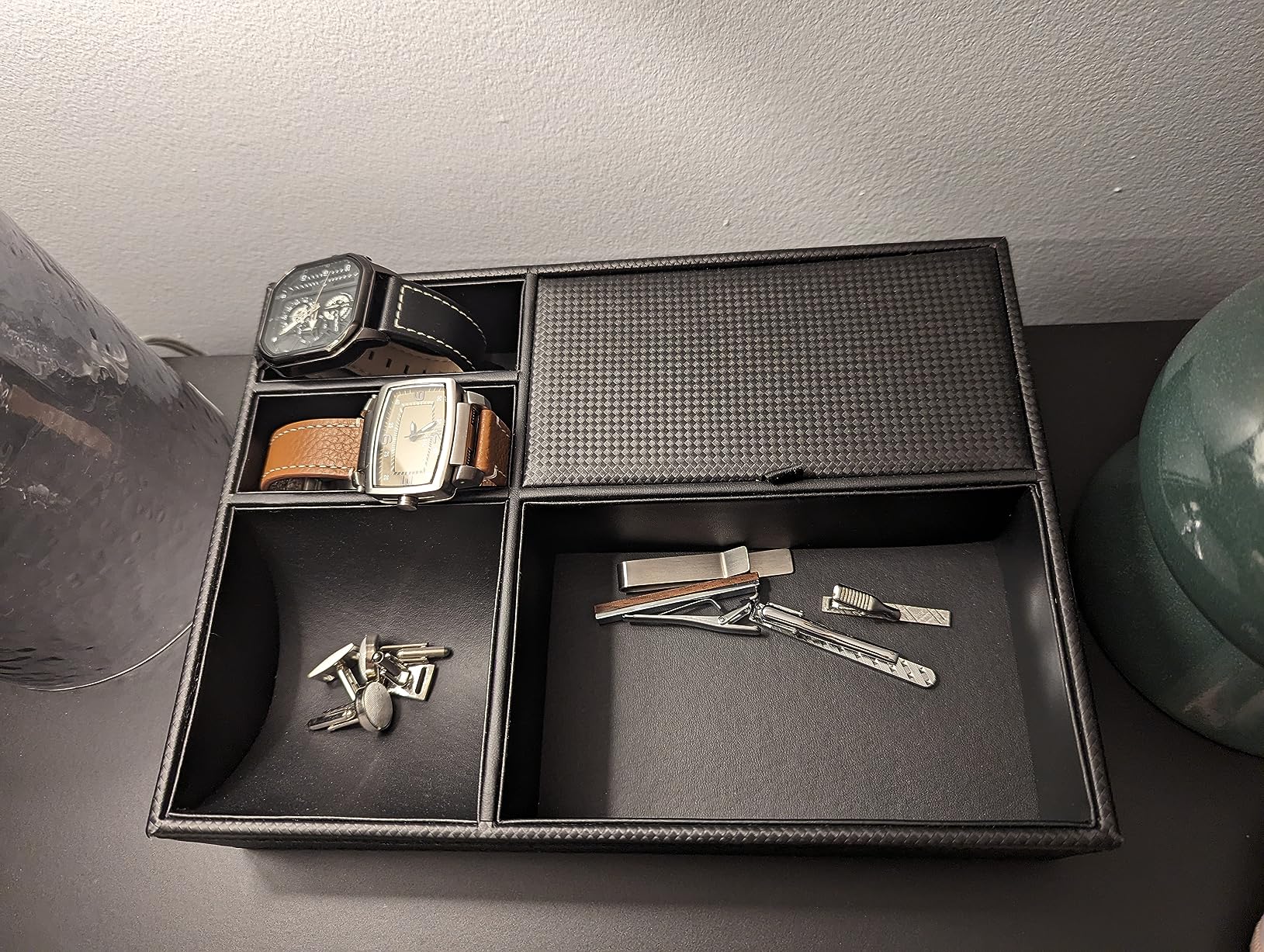 Zcaukya Men's Valet Tray, Jewelry Box Nightstand Organizer with 5 Compartments for Phone Keys Wallet Watch Glasses, Faux Leather Dresser Entryway Catchall Holder for Father's Day Gift (Black) customer photo 1