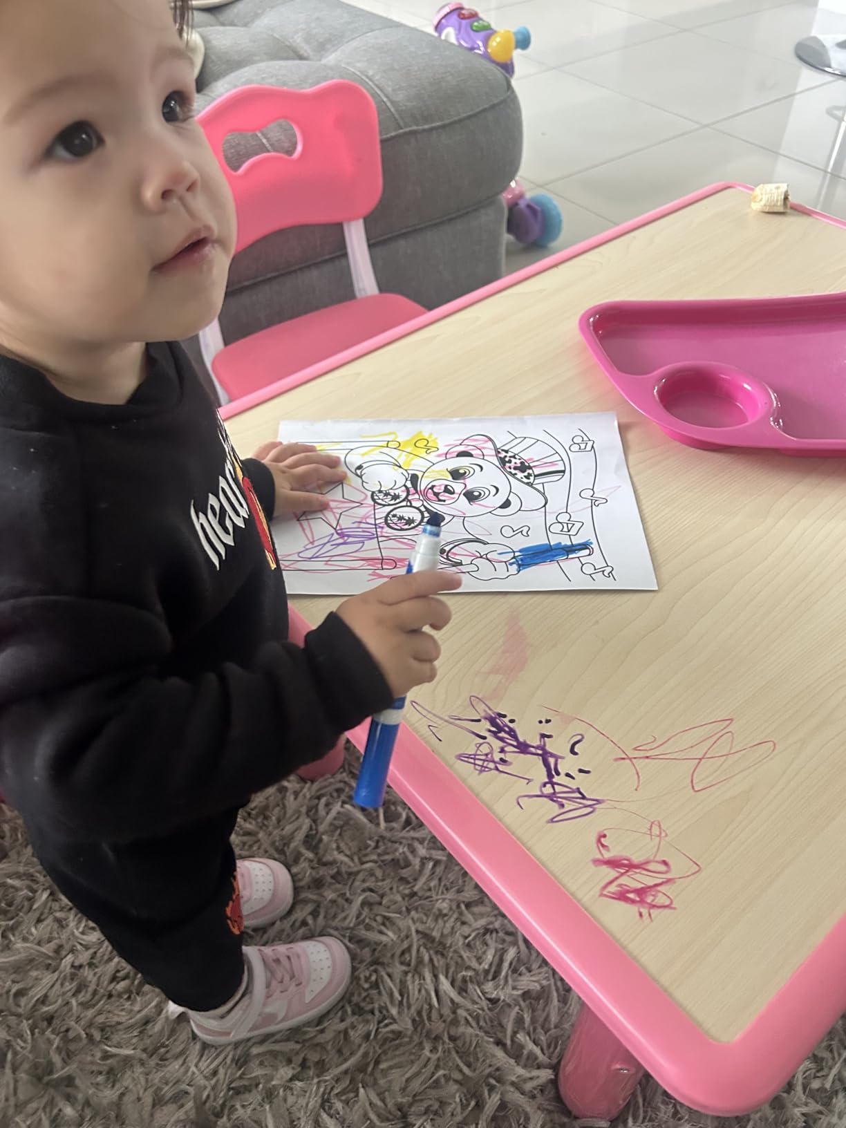 UNICOO Kids Table and Chairs Set, Height Adjustable Toddler Activity Table with 2 Chairs, Plastic Study Desk for Drawing, Crafts, Reading, Snack Time and Playroom, Ages 2-10 customer photo 2