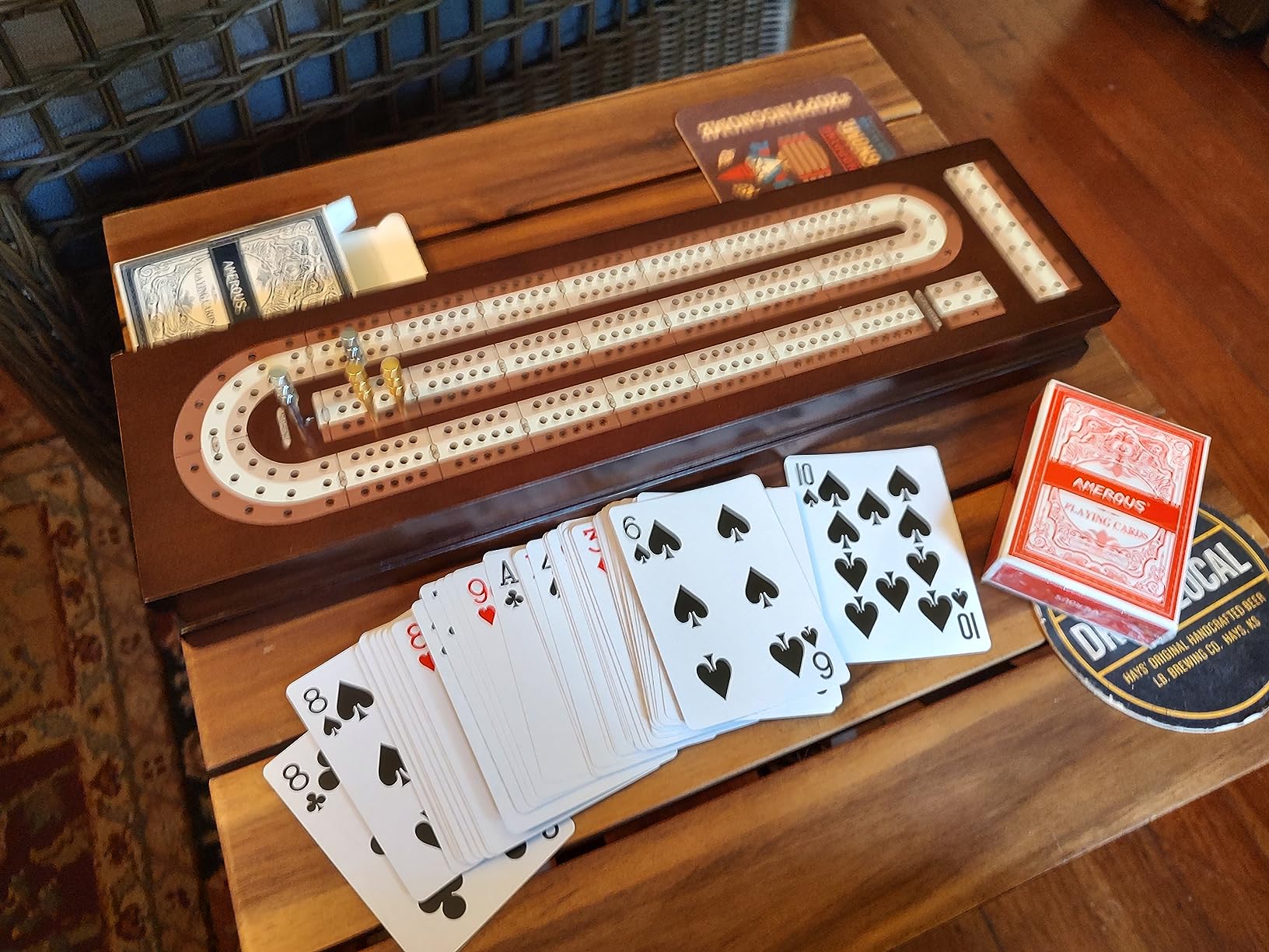 AMEROUS Wooden Cribbage Board Game Set with Magnetic Lock - Metal Pegs - 2 Playing Cards - Continuous 3 Track Board - Larger Storage Area, Travel Portable Cribbage Game Sets for Family customer photo 1