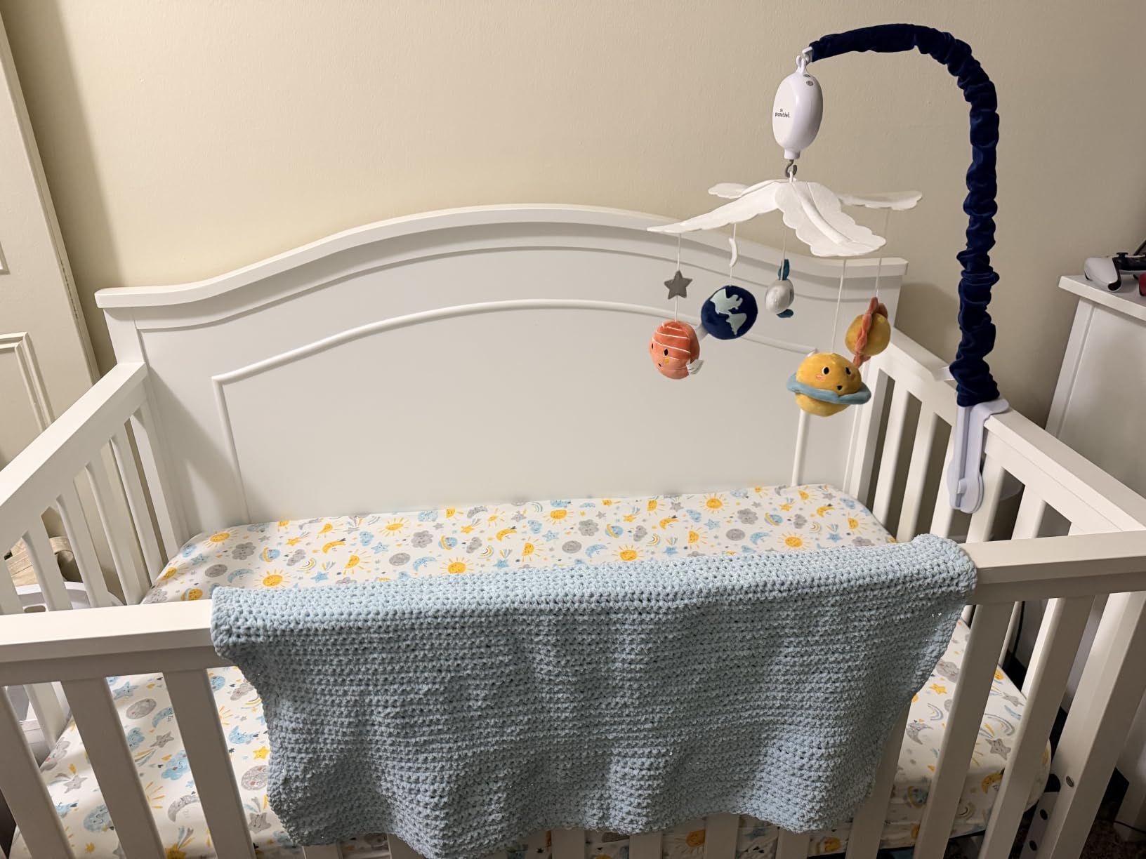 The Peanutshell Crib Mobile for Boys or Girls - White and Dark Blue Musical Baby Crib Mobile with 12 Lullabies, Planets Baby Spectacular Space Nursery Decor customer photo 1