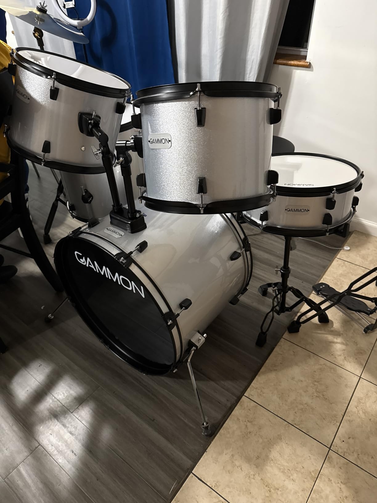Gammon Percussion Full Size Complete Adult 5-Piece Drum Set with Cymbals, Stands, Stool, and Sticks - Silver customer photo 2