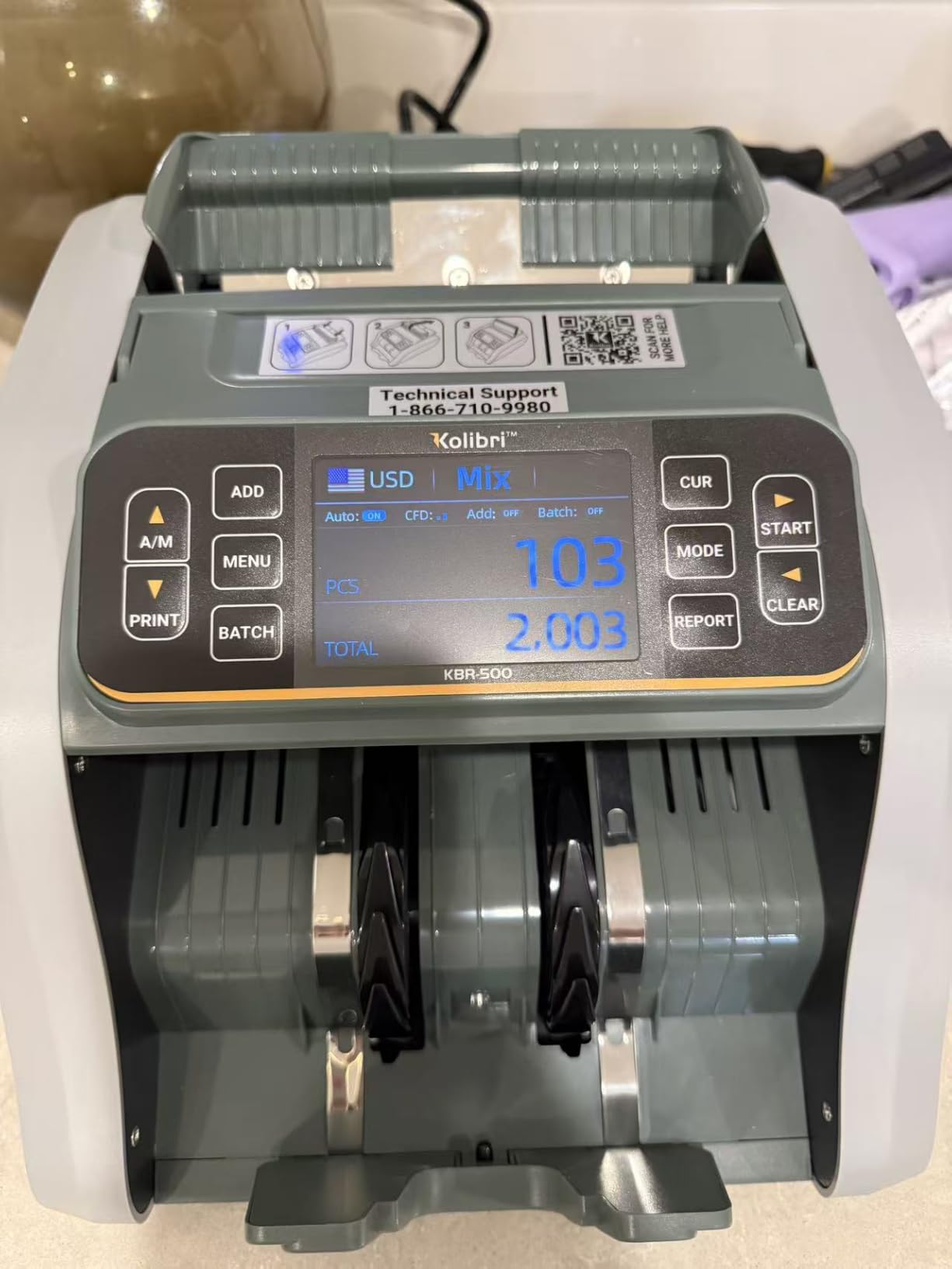 KOLIBRI Money Counter Machine I LCD Display I Business Grade I Advanced IR/UV/MG/MT/DD/HLF Detection I Mixed Denomination (USD) I 1,200 Notes/Min I 3-Year Warranty I KBR-1500 V2 customer photo 1