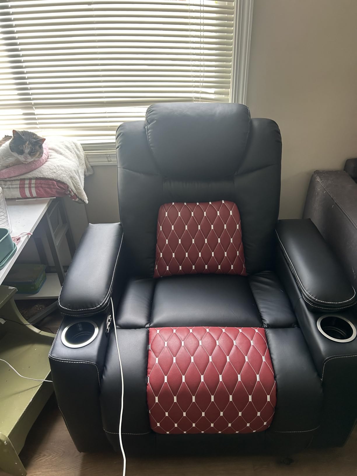 ANJ Electric Power Recliner Chair with Adjustable Powered Headrest, Faux Leather Home Theater Seating Overstuffed Reclining Furniture with USB Ports, Cup Holders, Hidden Arm Storage (Black/Red) customer photo 1