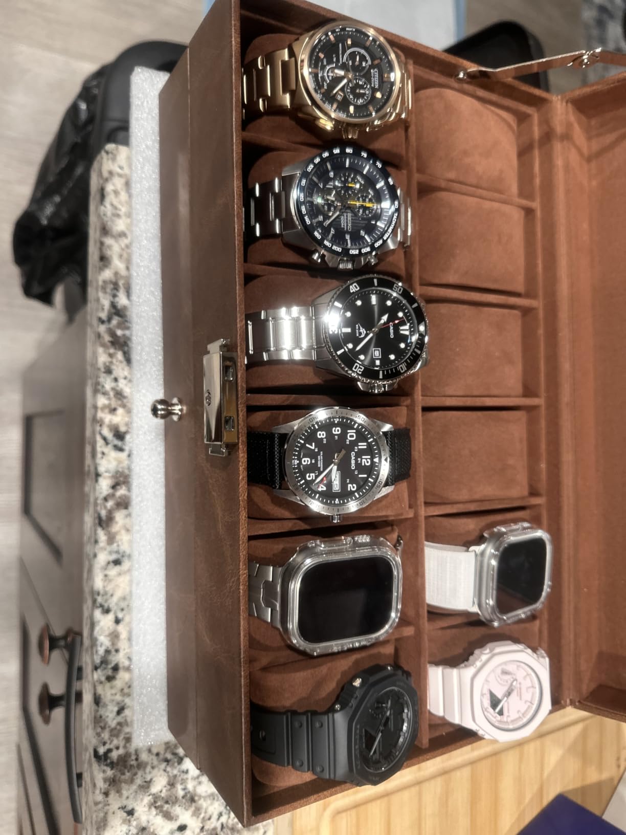 SONGMICS Watch Box, 12-Slot Watch Case Organizer with Large Glass Lid, 2 Layers, Removable Pillows, Metal Lock, Gift for Loved Ones, Black Synthetic Leather, Black Lining UJWB012B03 customer photo 2