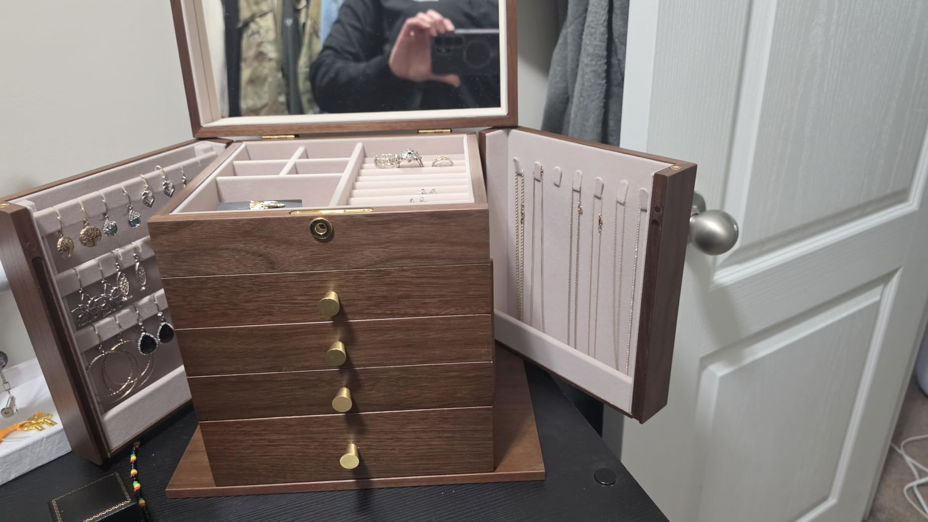 Homruilink Black Walnut Wooden Jewelry Box for Women, 5 Layer | Lockable Large Wood Jewelry Organizer with 2 Side Doors & Mirror, Classical Style, For Earrings Necklace Rings, Gift customer photo 1