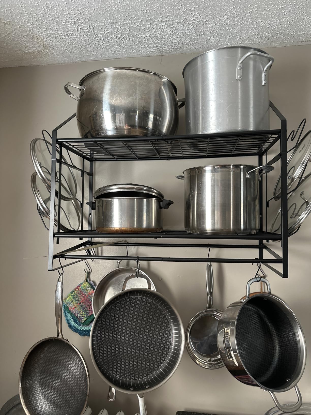 VyGrow 28 Inch Pot Rack Wall Mounted, 2 Tier Pots and Pans Organizer with 20 Hooks and 6 Pot Lid Holders, Heavy Duty Steel Pot and Pan Hanger for Kitchen Cookware Utensils Storage 34.7