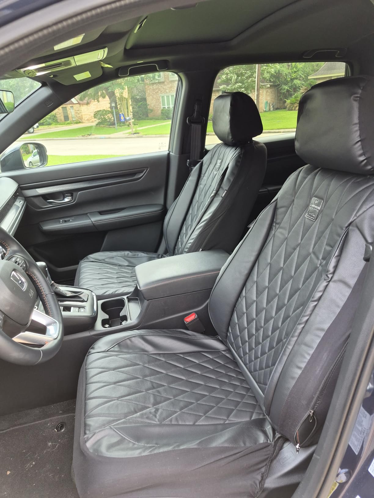CAR PASS Piping Luxury Faux PU Leather Two Front Car Seat Covers, Waterproof Anti Slip Seat Covers Compatible with Front Seat Armrests, Universal Fit for Suvs, Vans, Trucks, Airbag Compatible (All Black) customer photo 2