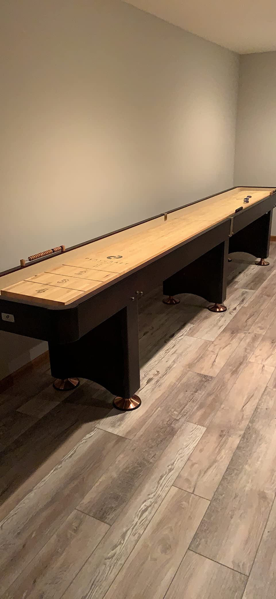 Playcraft Georgetown Shuffleboard Table with Storage Cabinet - Shuffle Board Game Table with Matching Abacus, 8 Pucks, Brush & Wax - Pro Climate Adjusters - Hand-Stained Burnished Finish customer photo 1