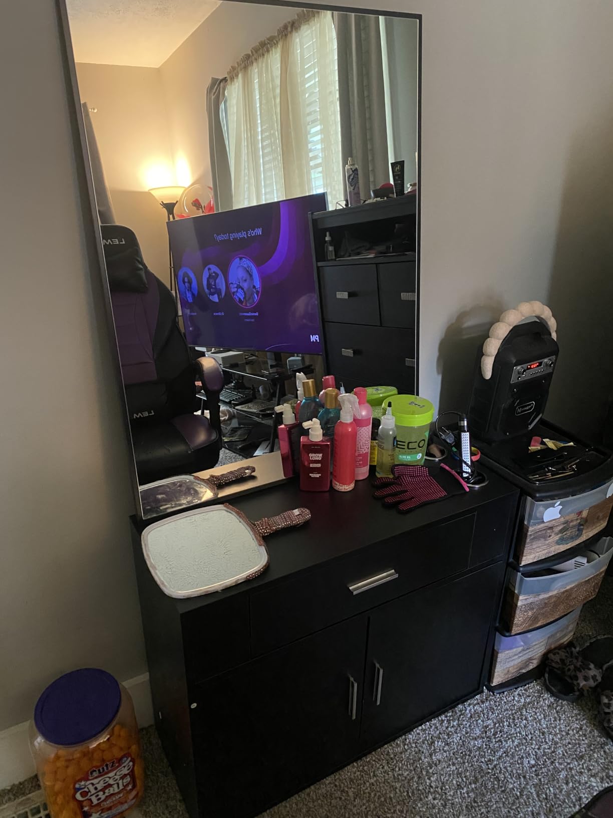 OmySalon Wall Mount Salon Station with Mirror, Hair Styling Barber Station, Beauty Salon Spa Equipment with 1 Drawer, 1 Storage Cabinet, 2 Hair Dryer Holders, Black customer photo 1
