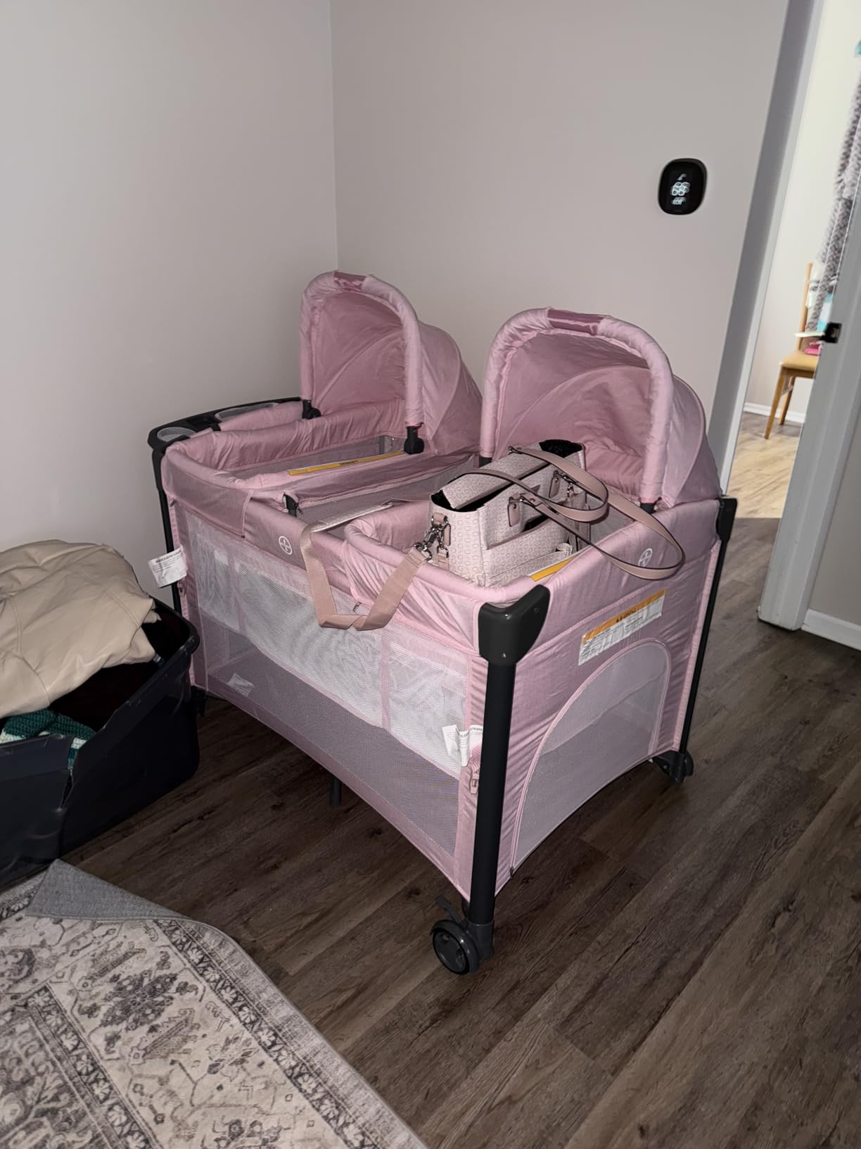 JOYMOR Twin Bassinet for Baby, Bedside Bassinet, Convertible to Bedside Sleeper and Playpen, with Wheel, Brake, Foldable Side Sleeper, Gray customer photo 1
