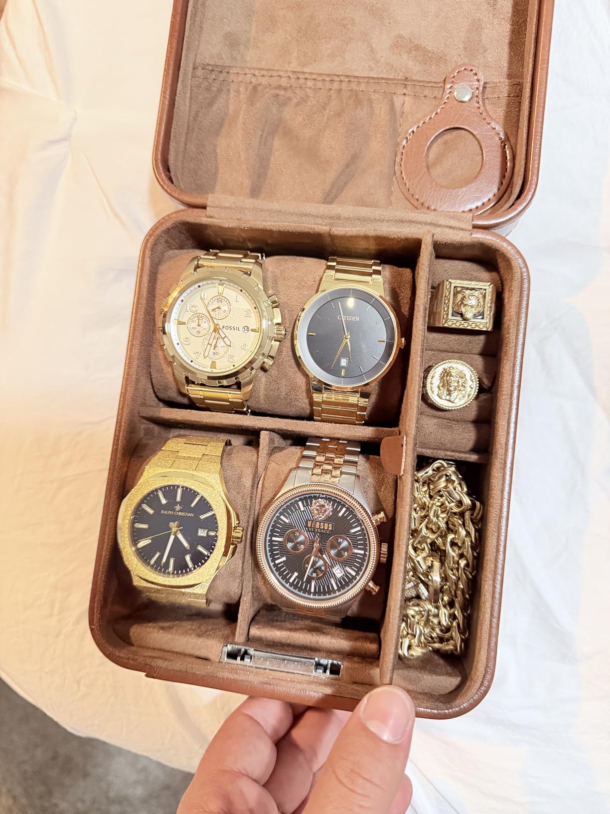 KAMIER Watch Case with Combination Lock - 4 Watch Storage and Jewelry Organizer - Watch Travel Case for Ring and Watch Storage, PU Leather Travel Watch Case, Ideal for Gift (With Gift Box),Black customer photo 1