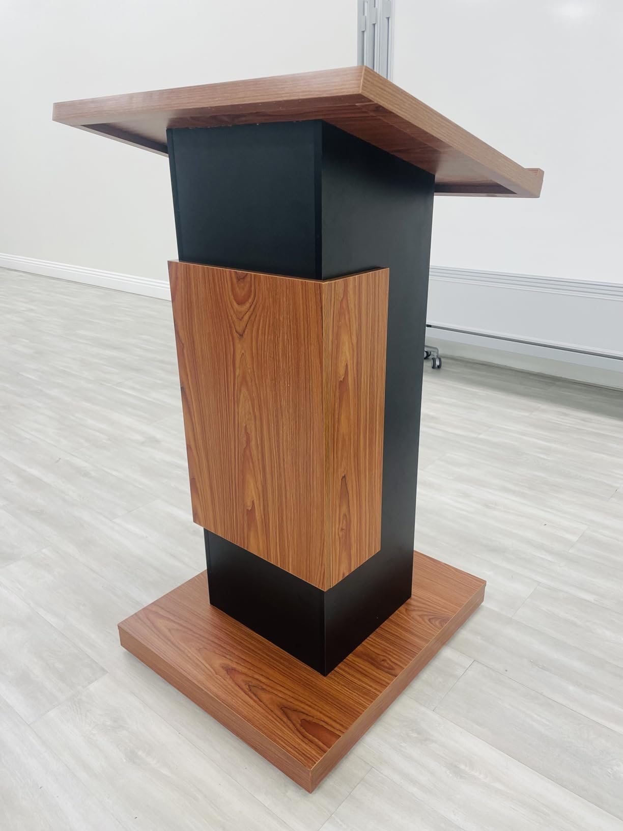 Wood Podium with Wheels, Wooden Lectern Stand, 15MM Particle Board, Elegant Design with Storage, Mic Stand Space, Wooden Pulpit for Restaurants, Churches, Seminars and Schools customer photo 1