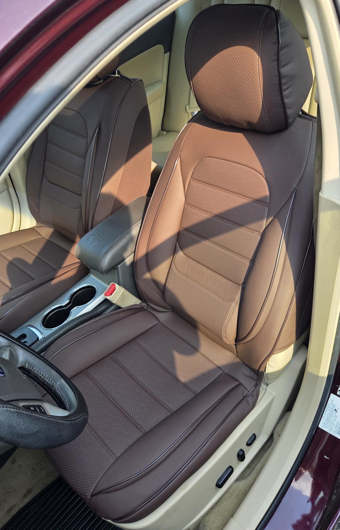 Car Seat Covers Full Set, 5 Seats Universal Leather Seat Covers for Cars, Waterproof Front and Rear Seat Cover, Breathable Automotive Seat Cover for Most Sedans, Trucks, SUVs, Black&Brown customer photo 2
